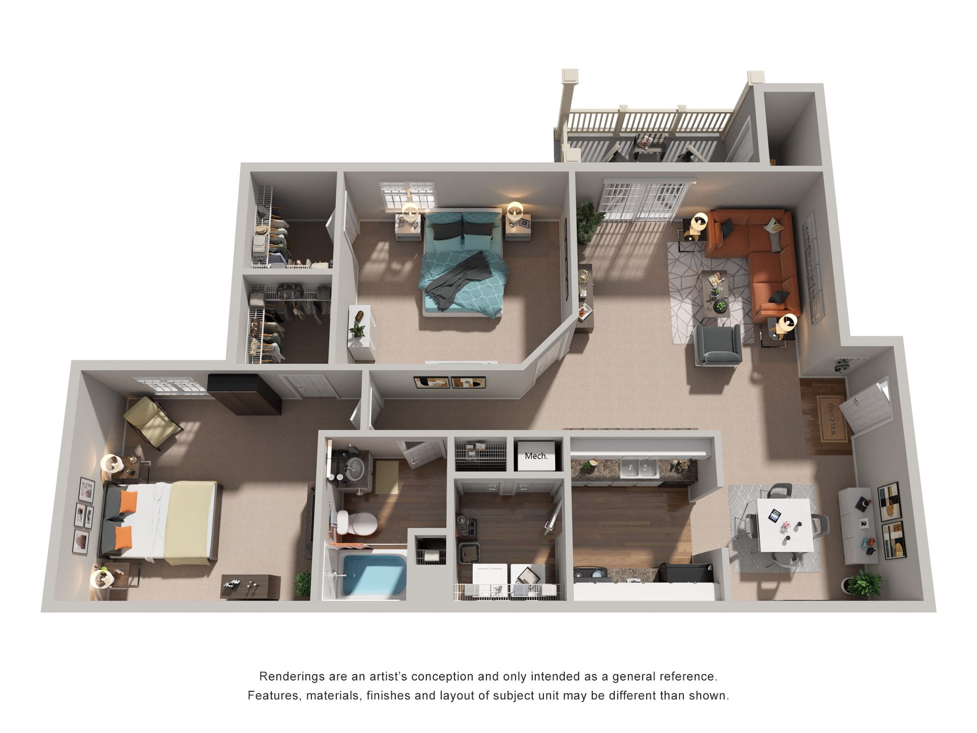 Floor plan for 2 beds, 1 bath, 1117 sqft